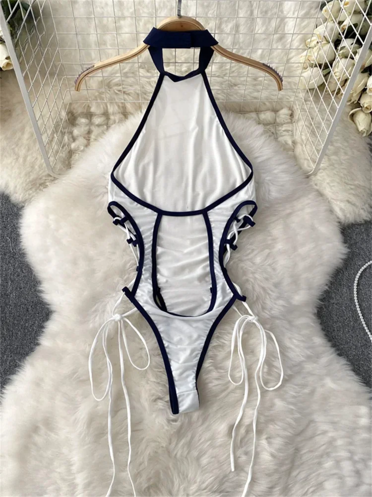Halter Neck Backless Playsuit Sexy Slim Fit Lace Up Bodysuit Women\'s Erotic Lingerie Sleeveless Pajamas Club Nightwear Pajamas
