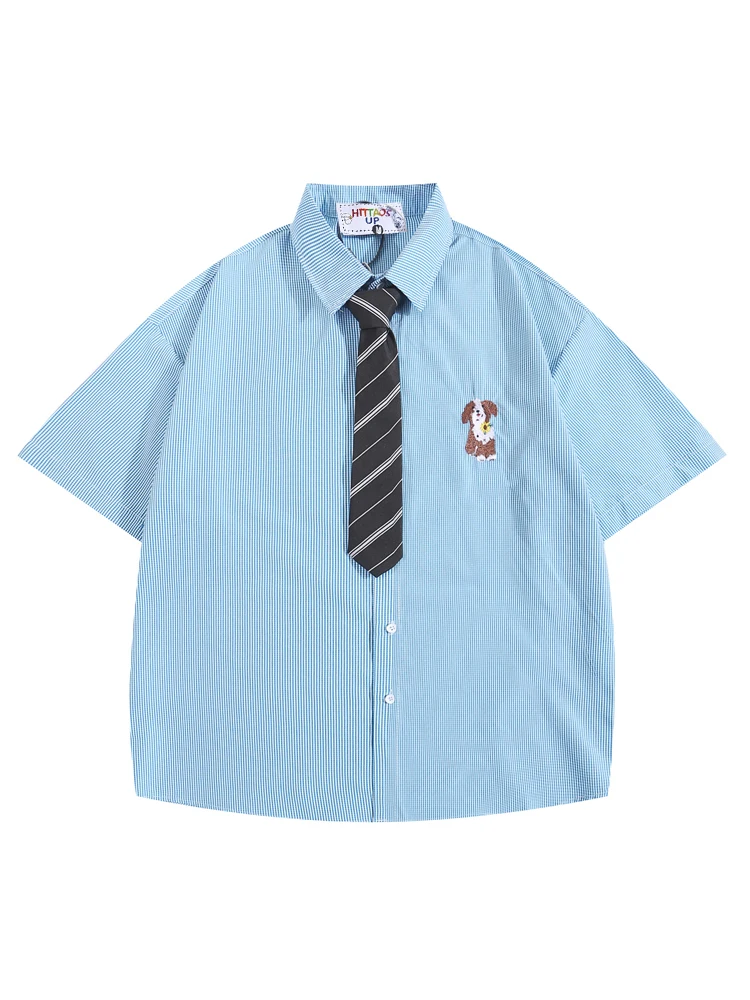 Kawaii Puppy Embroidered Shirt Men Women Micro Gingham Check w/ Striped Necktie Oversized Short Sleeve Unisex Summer Top