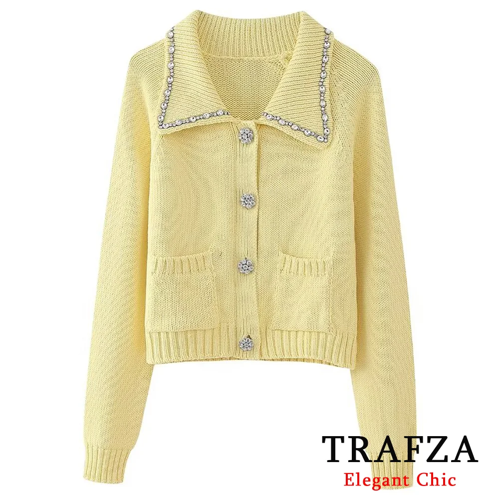 TRAFZA Elegant Casual Plain Knit Cardigan Women\'s Sweet Shirt with Rhinestones New 2024 Spring Fasion Yellow Cardigan