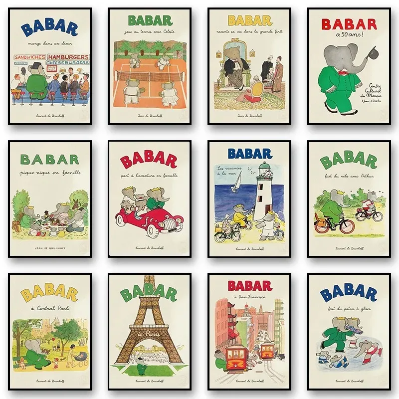 1 Stück rahmenloses Leinwandgemälde, Cartoon-Elefant, Babar-Familie, Auto, niedliches Yoga-Anime-Poster und Drucke, Leinwanddruck, Wandkunst, Bild