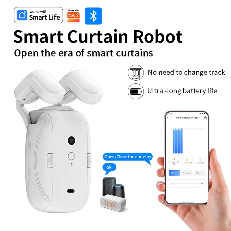 Bluetooth Automatic Curtain Opener Closer Robot Smart Curtain Motor Timer Voice Control for Track Curtain Work with Alexa Google
