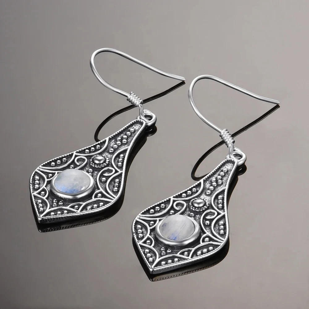 Vintage 925 Silver Earring Moonstone Natural Stone Retro Screen Printing Drop Earrings Elegant Party Jewelry Accessories Women