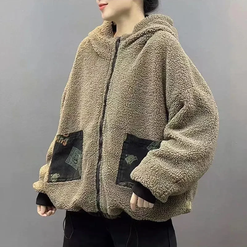 Winter Denim Coat For Women Denim Print On Both Sides Plush And Thick Casual Hooded Cowboy Jacket Female Denim Overcoat New