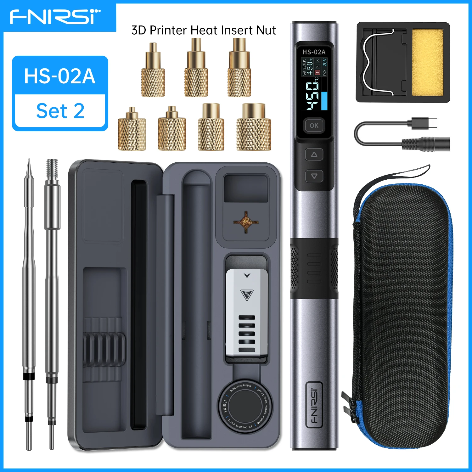 FNIRSI HS-02A Soldering Iron with Brass Thread Nut Insert Kit M2-M8, Internal Heat C245 Tip Set for Plastic Parts and 3D Printin image 3