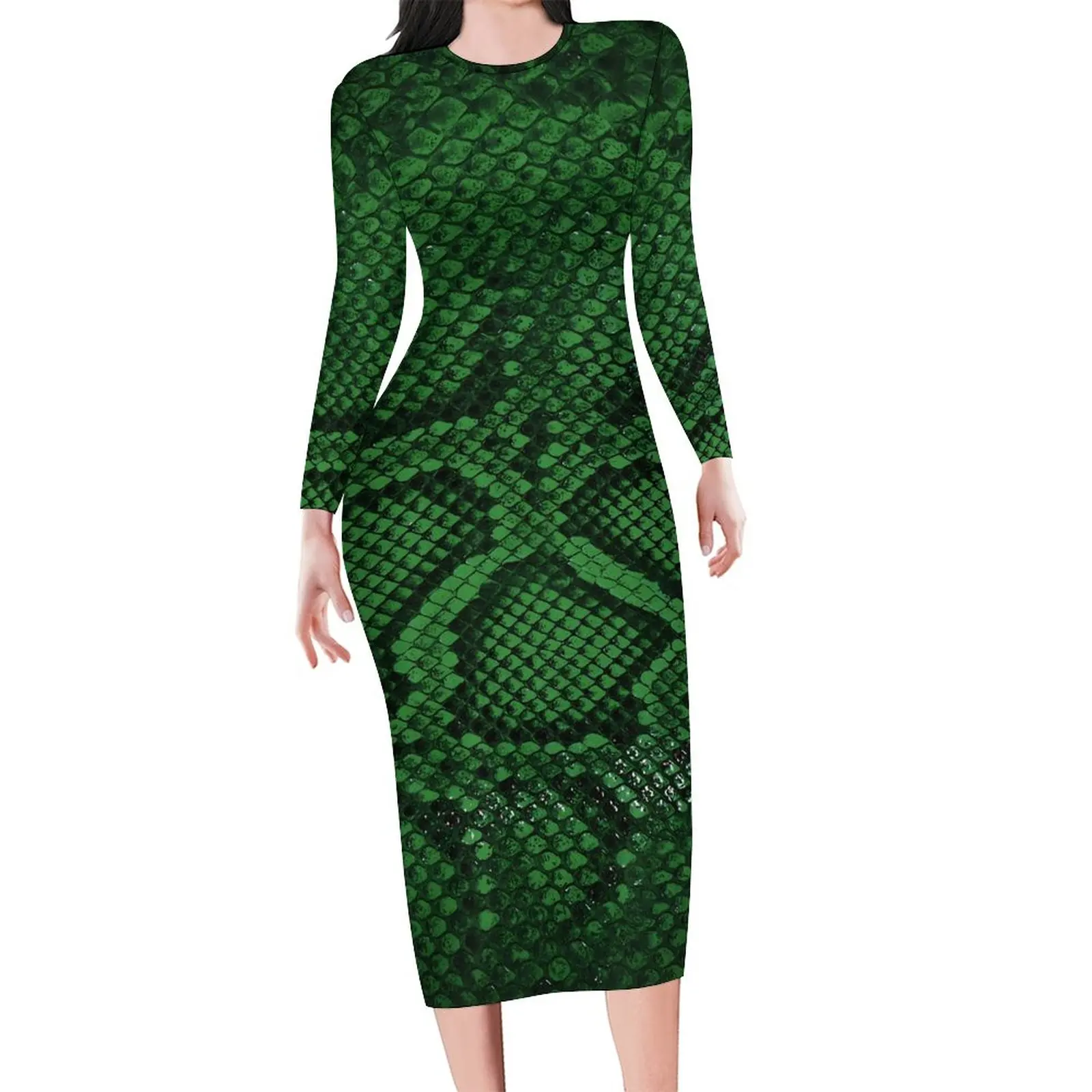 Dark Green Snakeskin Dress Long Sleeve Funny Animal Sexy Dresses Autumn Womens Streetwear Custom Bodycon Dress Big Size 4XL 5XL