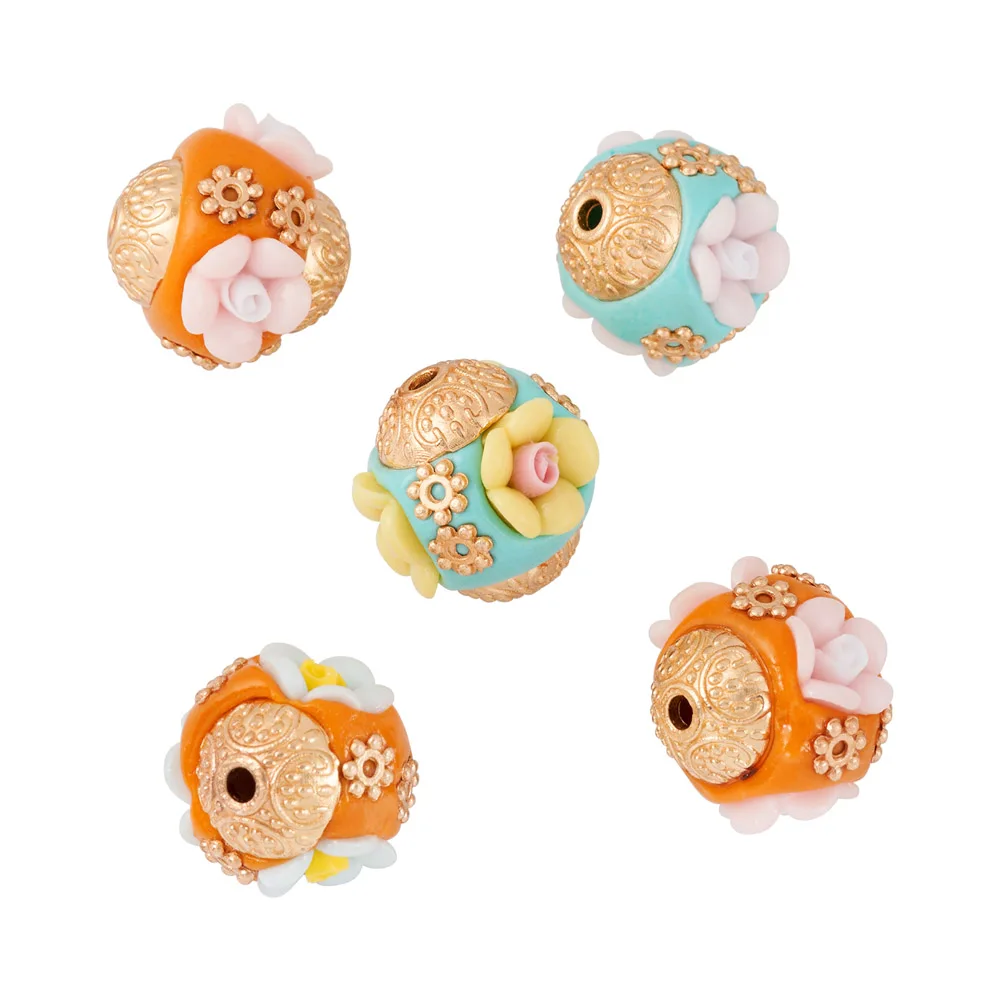 

5pcs Handmade Indonesia Beads with Alloy Findings Multicolor Rondelle with Flower Loose Beads for Bracelet Jewelry Making