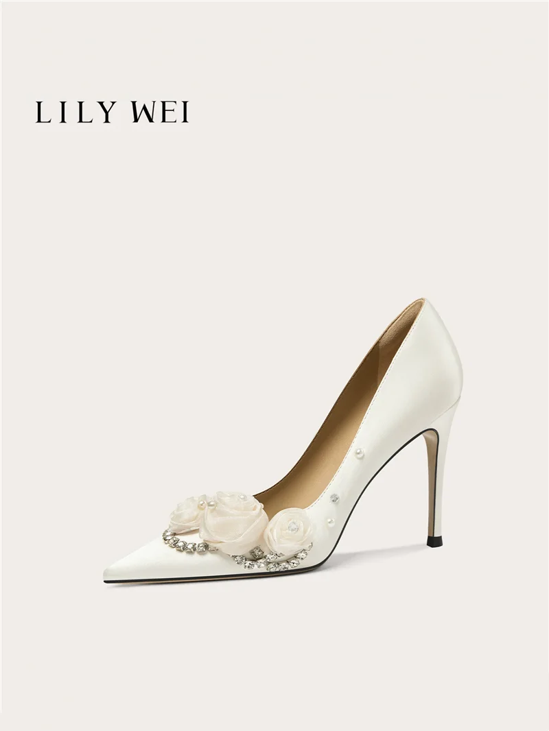 

Spring pointed pearl crystal satin flower flat wedding shoes banquet large size small size wide version high heel women's shoes