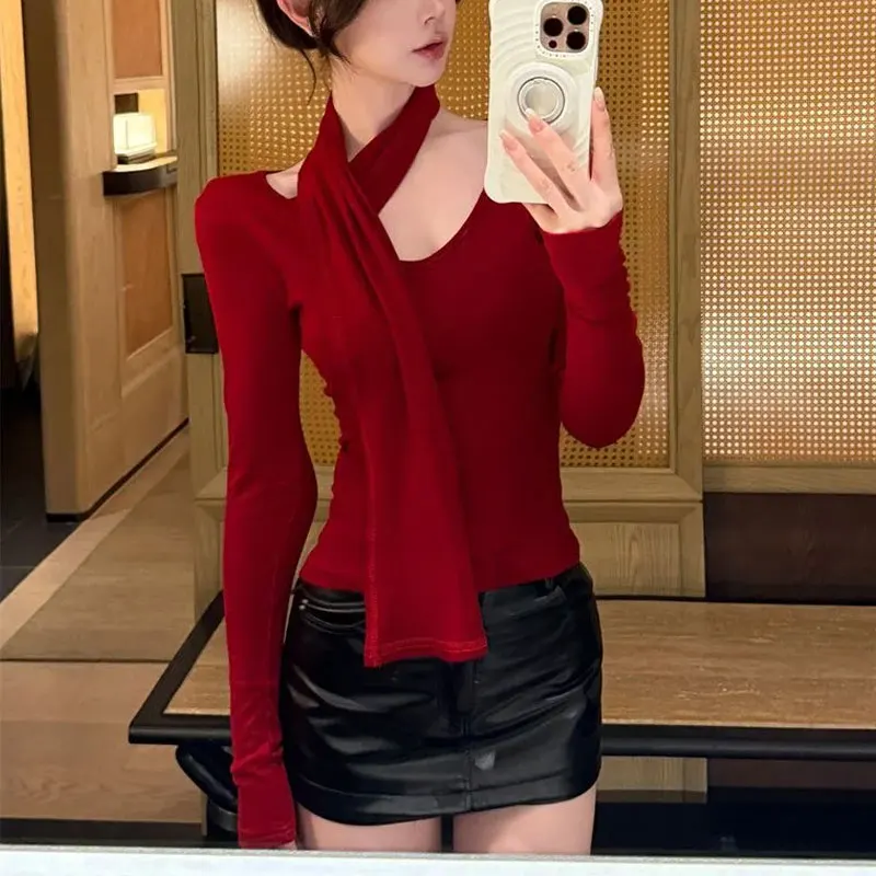 الملابس النسائية خمر الشريط الأحمر البلوفرات المألوف ضمادة الخريف جديد هالة الخامس الرقبة Hotsweet سليم بلون الأساسية تي شيرت #5