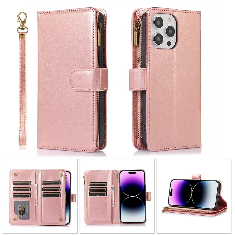 

9 Card Slots Double Layer Zipper Wallet Case for iPhone 16 Pro Max 16e 15 14 Plus 13 12 Pro 11 XR 7 8 SE Wrist Strap Flip Cover