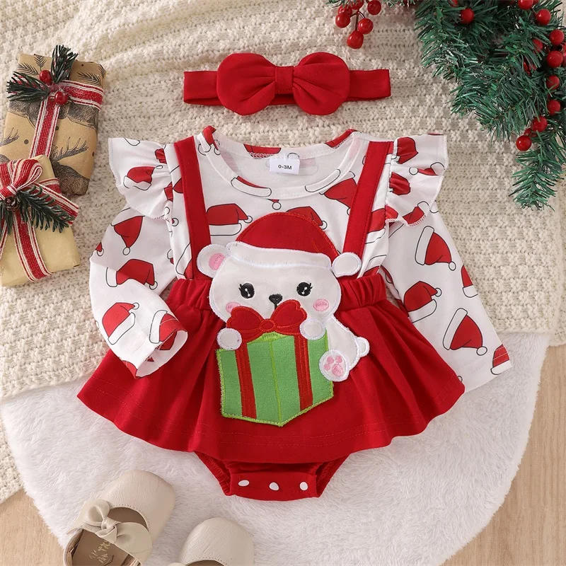 

0-18 Months Baby Girls Thanksgiving/Christmas Romper Dress Ruffled Turkey Print Long Sleeve Jumpsuit Bow Headband Outfits