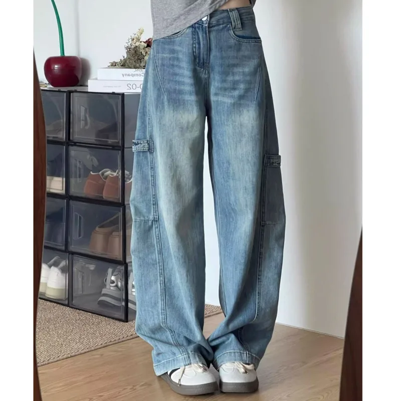 

Vintage High Waist Distressed Wide Leg Cargo Jeans For Women Korean Fashion Casual Pants High Street Trousers Woman Clothes New