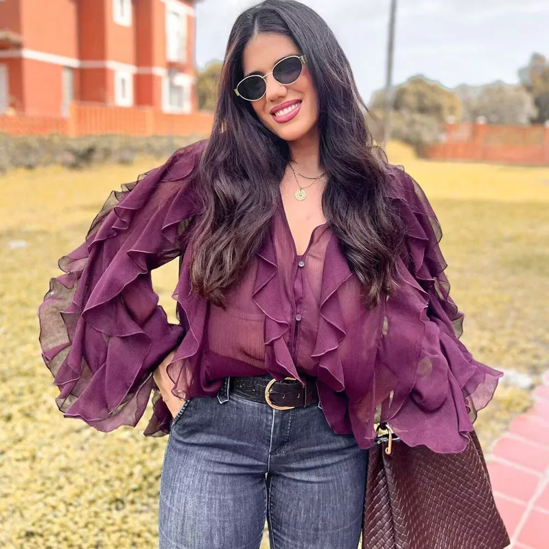 

Sexy Women Translucent Ruffles Blouses Fashion V-neck Single Breasted Tierred Causal Tops Beach Style Solid Shirt