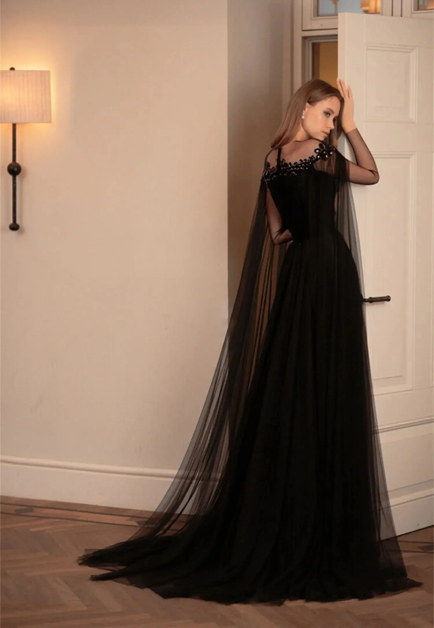 Aileen Black Flowers A-line Shawl Women Evening Dress Evening Dress Stylish Wedding Customized Dresses 2024 Ball Gowns Party