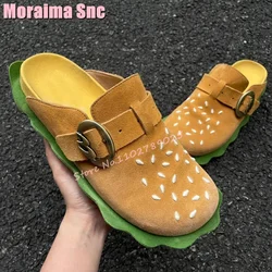 Unique Hamburger Round Toe Half Slippers Flat With Belt Buckle Fashion Design Women's Mules Slides Summer Shoes Outdoor Casual