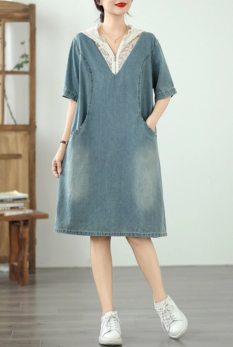 NYFS فستان صيفي 2025 النمط الكوري المرأة فضفاضة حجم كبير كم قصير الدانتيل هود فستان الدنيم رداء Elbise