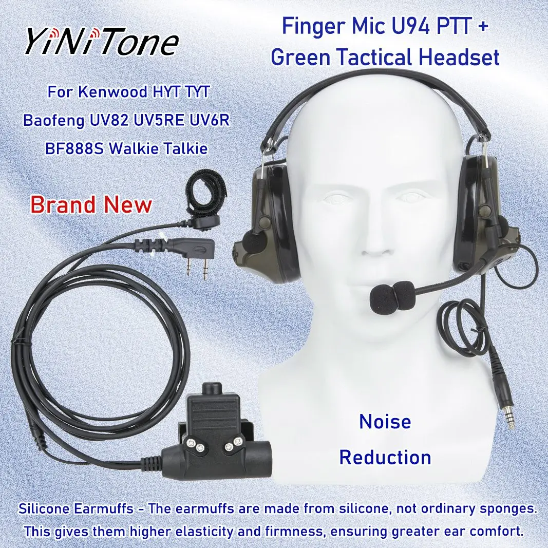Гарнитура с зеленой повязкой на голову и микрофоном U94 PTT для Kenwood HYT TYT Baofeng UV82 UV5R BF888S, набор наушников Walkie Talkie