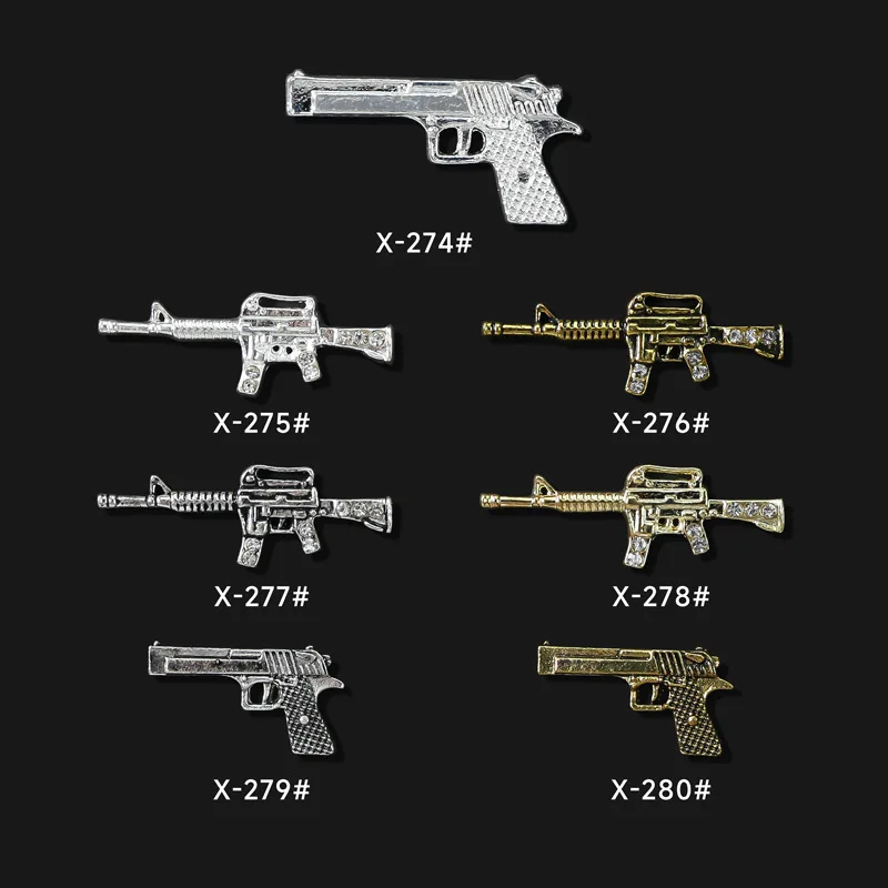 10PCS Gold Silver Metail Firearms Nail Charms Accessories Manicure Decor Nails Rifle Pistol Submachine Gun Design Decorations