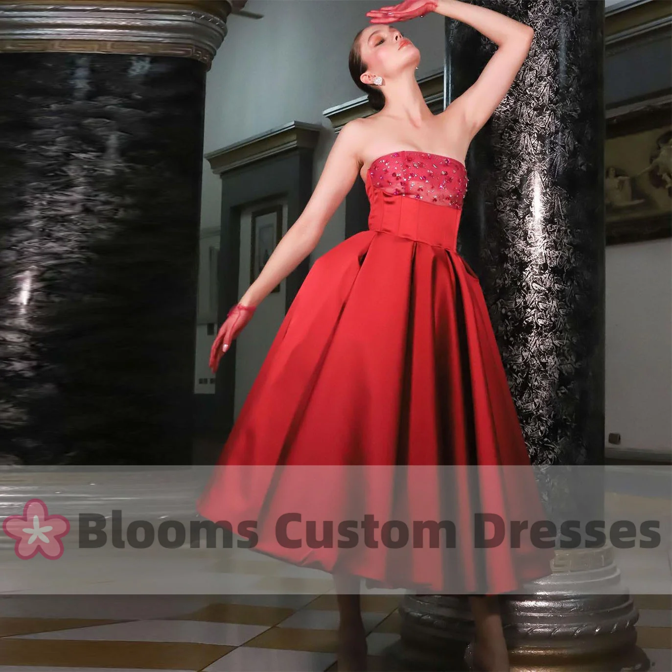 

Blooms Gorgeous Satin Red Strapless Evening Dresses A-Line Beaded Custom Prom Dress Sleeveless With Gloves Formal Occasion Gown