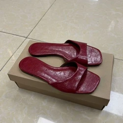 Women Square Toe Flat Slide Sandals PU Leather Slip On Soft Comfy Anti Slip Minimalist Summer Beach Casual Slippers Burgundy