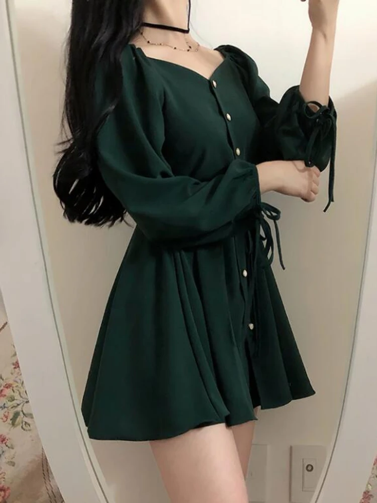 A Line Chic Dresses Women Fashion Korea Japan Style Design Cute Sweet Little Back Dress Party Mini Button Vintage Dress 9310