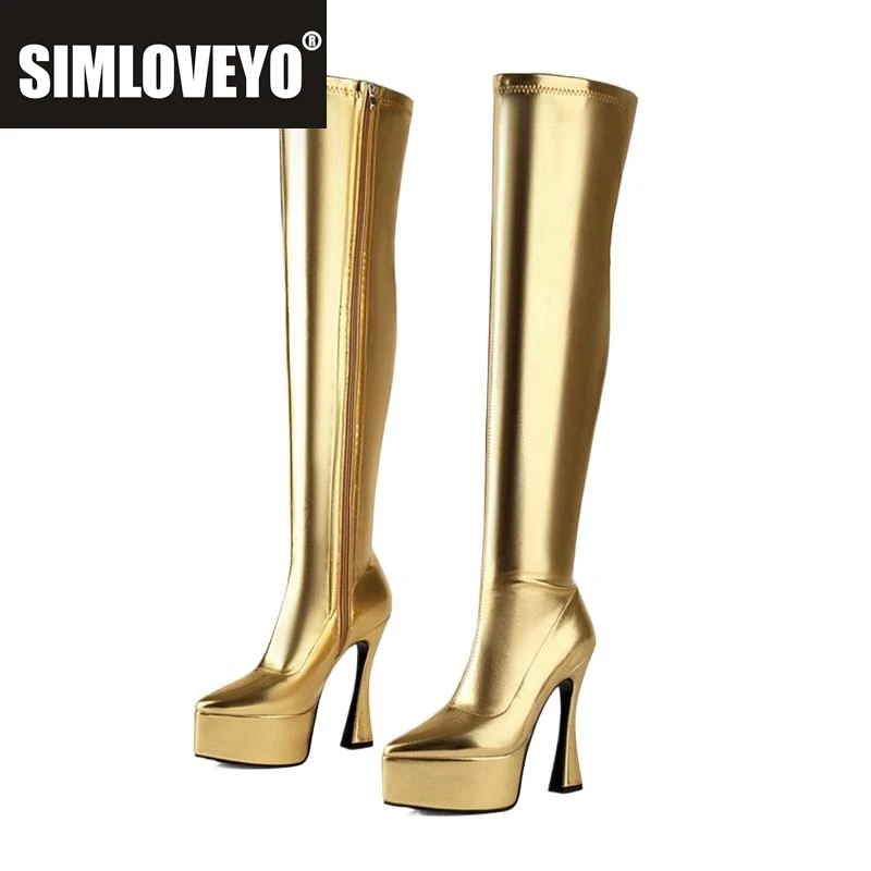 

SIMLOVEYO 14.5cm Block Heel 5cm Platform Over Knee Thigh High Boots Pointed Toe Faux Leather Gold Big Size 47 48 US17
