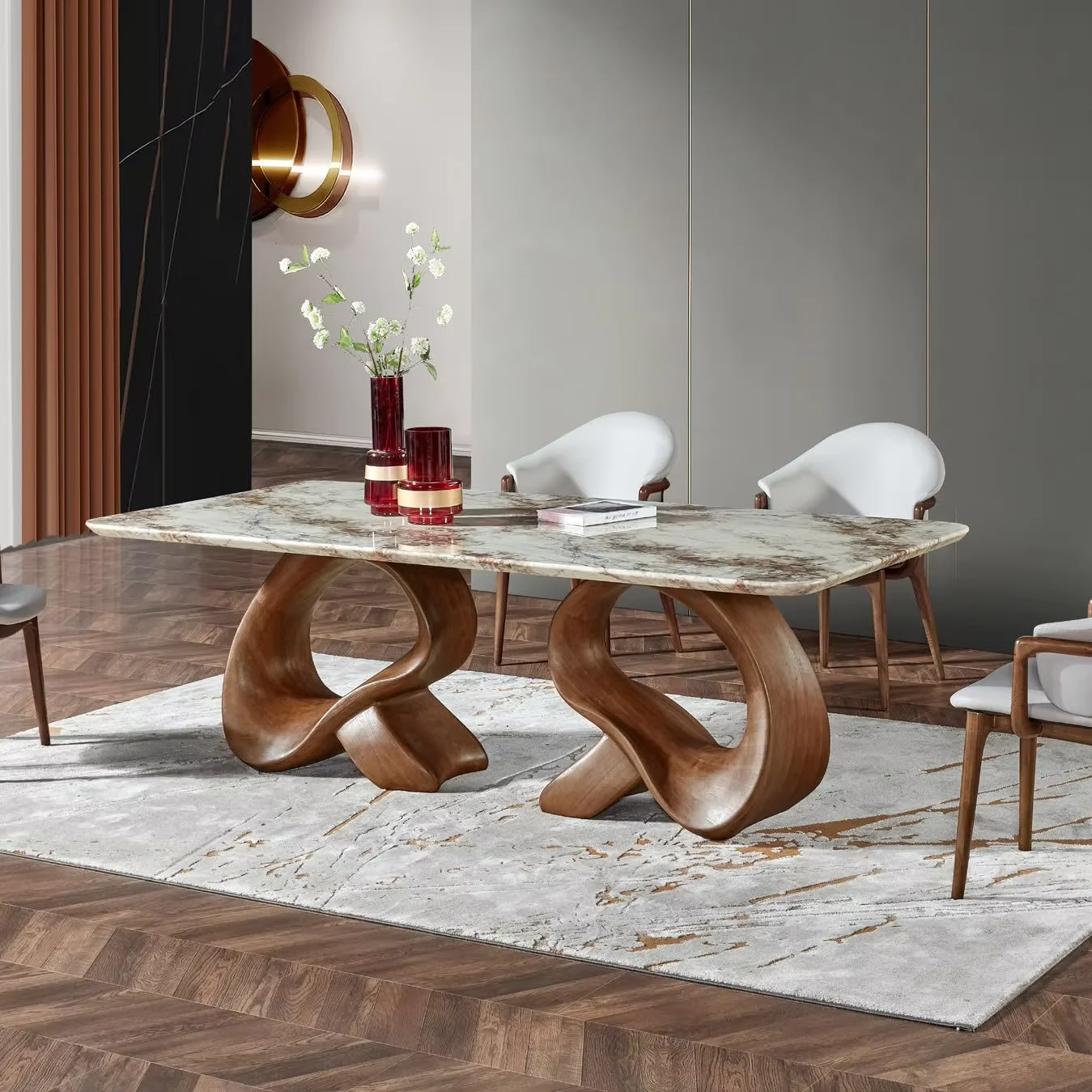 Light Luxury Modern Stone Table for Kitchen Dining Room Dining Table Arm Chairs Genuine Leather Solid Wood Base