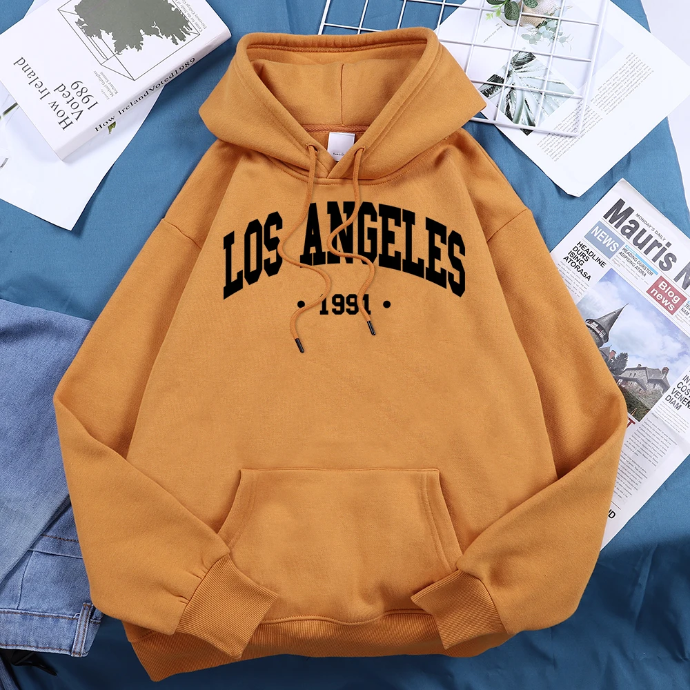 Los Angels 1991 Usa City Letter Print Women Hooded Fashion Novelty Hoodie Classic All Match Pullovers Loose Oversized Sweatshirt