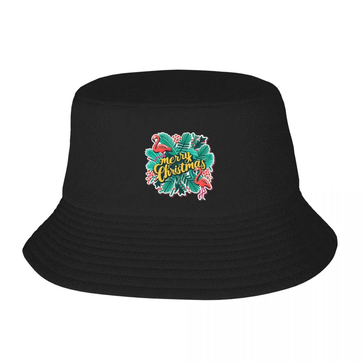 Cute pink flamingo wearing a christmas' hat and surrounded by christmas things Bucket Hat Hood Hat For Men Women's