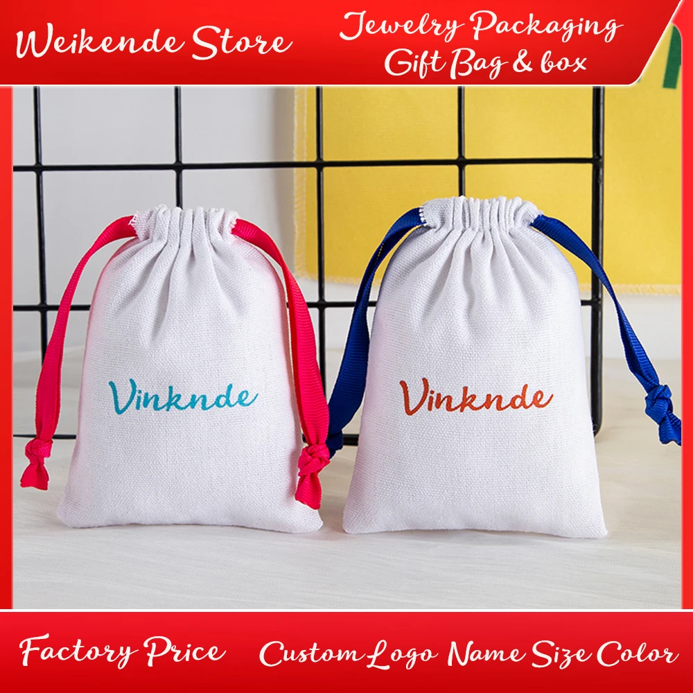 

Luxury Cotton Canvas Jewelry Drawstring Bag Custom Logo Wedding Gift Pouch Packaging Earrings Necklace DIY Travel Storage Sack