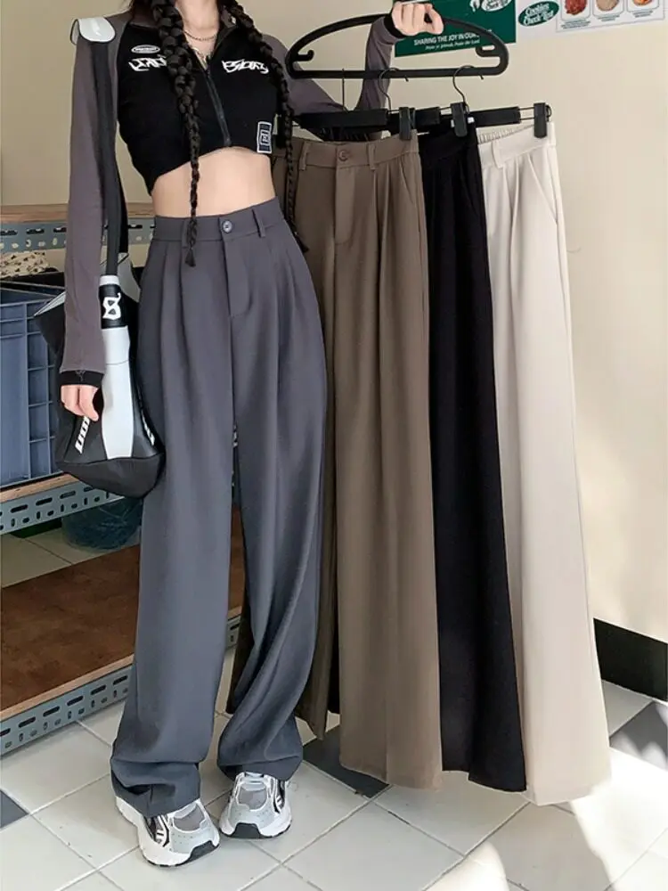 

Женские брюки с высокой талией и широкими штанинами, повседневные, прямого кроя, весна 2026, новый стиль, с эластичным поясом, универсальные, стройнящие, костюмные брюки