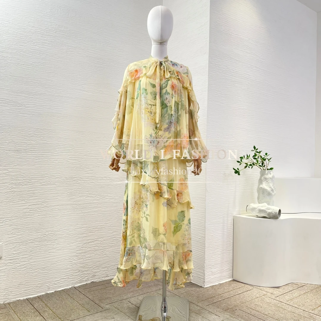 

High Quality Yellow Floral Print Long Sleeve Blouse Tops and Midi Irregular Hem Skirt Set 2025
