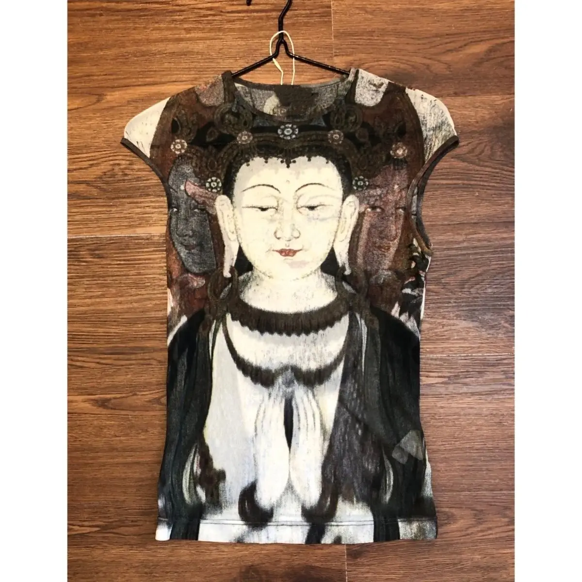 New Chinese Style Grottoes Avalokiteshvara Buddha Print Mesh Vest Women's Vintage Rusted Sleeveless Slim Fit See through Top