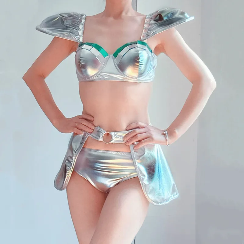الفضة الليزر مرآة بيكيني تنورة صغيرة الرقص الزي مثير المرأة راقصة المغني ملهى ليلي مرحلة الأداء زي نادي حفلة الهذيان
