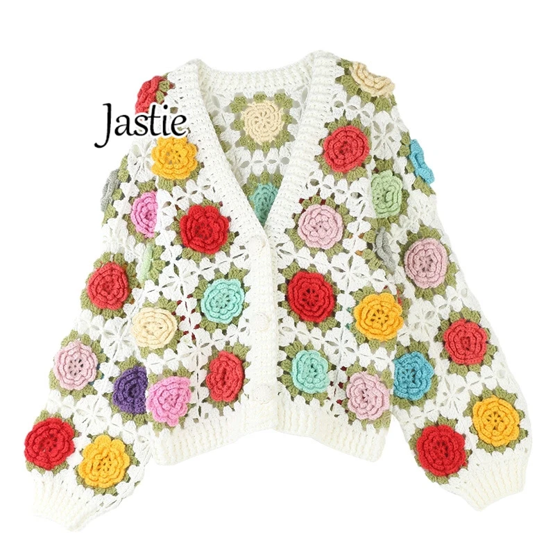 Jastie maglione pesante Cardigan gancio a mano fiore tridimensionale Hollow dolce maglione Cardigan giacca Design di lusso lavorato a maglia Top