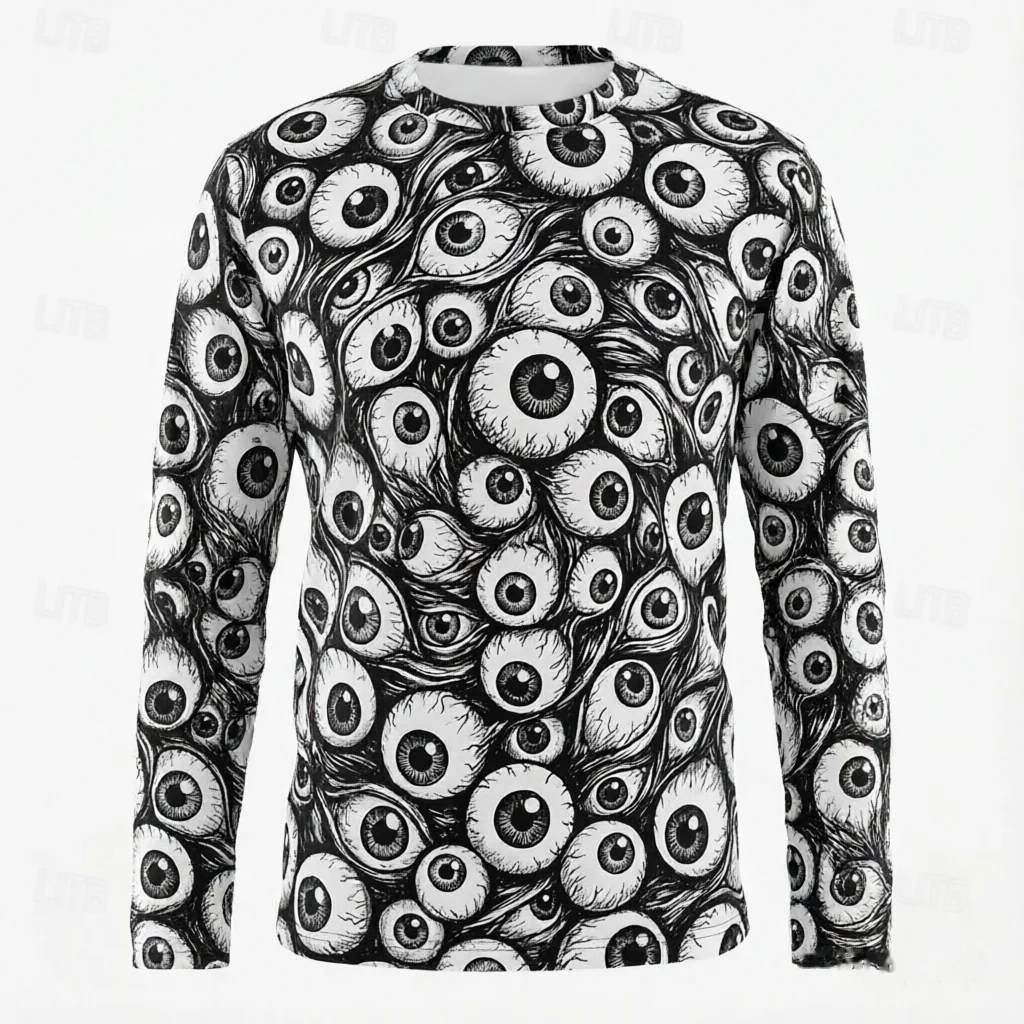 Herren Langarm-T-Shirt mit 3D-Volldruck, Horror-Augen-Mund-Muster, Gothic Grusel-Kunst Streetwear Rundhals-Oberteil – Detail 3