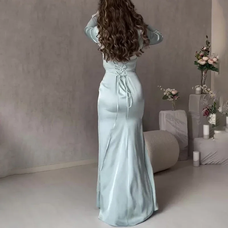 Elegancka sukienka imprezowa O Neck Fashion Tie-up High Waist Slim Party Dress Wome Solid Color Wrinkles Lady Chic Evening Gown 2025 Odzież damska — zdjęcie 4