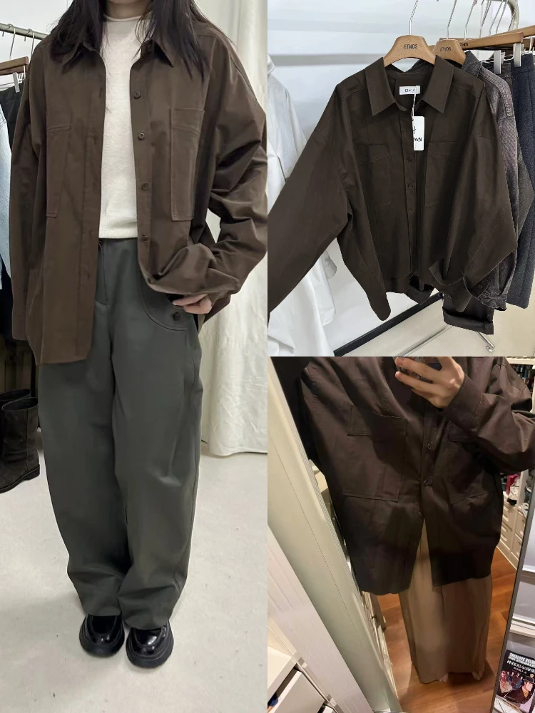 

Retro Loose Fit Long Sve irt Workwear Sle Women's Faionable Multi ket Collared Top Versatile Cotton Blend