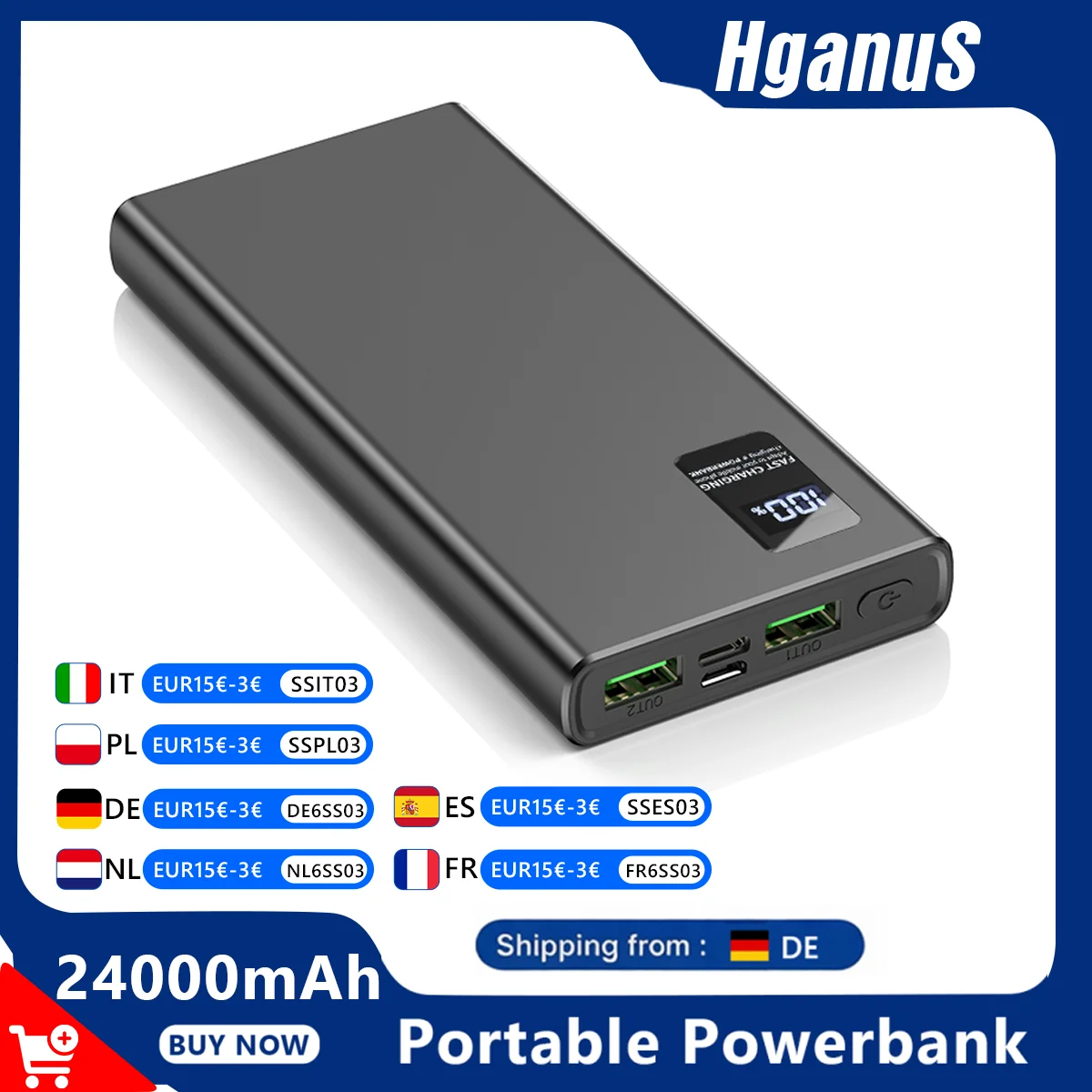 Hganus Draagbare Powerbank 20000mAh 10000mAh 24000mAh QC PD3.0 22.5W Snelladen Type C USB C Uitgang PD20 Type C Ingang Extra Batterij Powerbank voor Telefoon Xiaomi Huawei 18 17 16