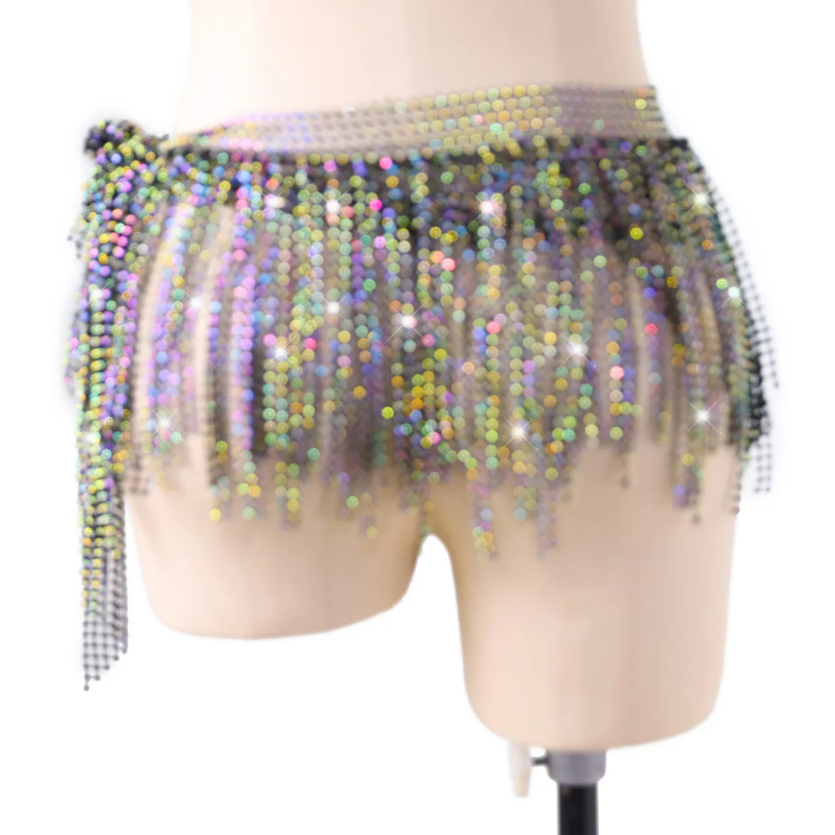 Shine Hip sciarpa cintura danza del ventre spettacolo Costume accessorio strass triangolo colorato gonna a portafoglio con frangia di lusso