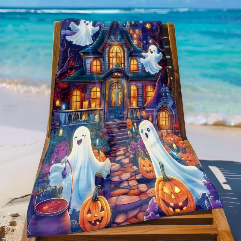 Newest Beach Towel Colorful Cartoon Haunted House Ghost Pumpkin Star Print Beach Towel Quick Dry Portable Swimming Towel