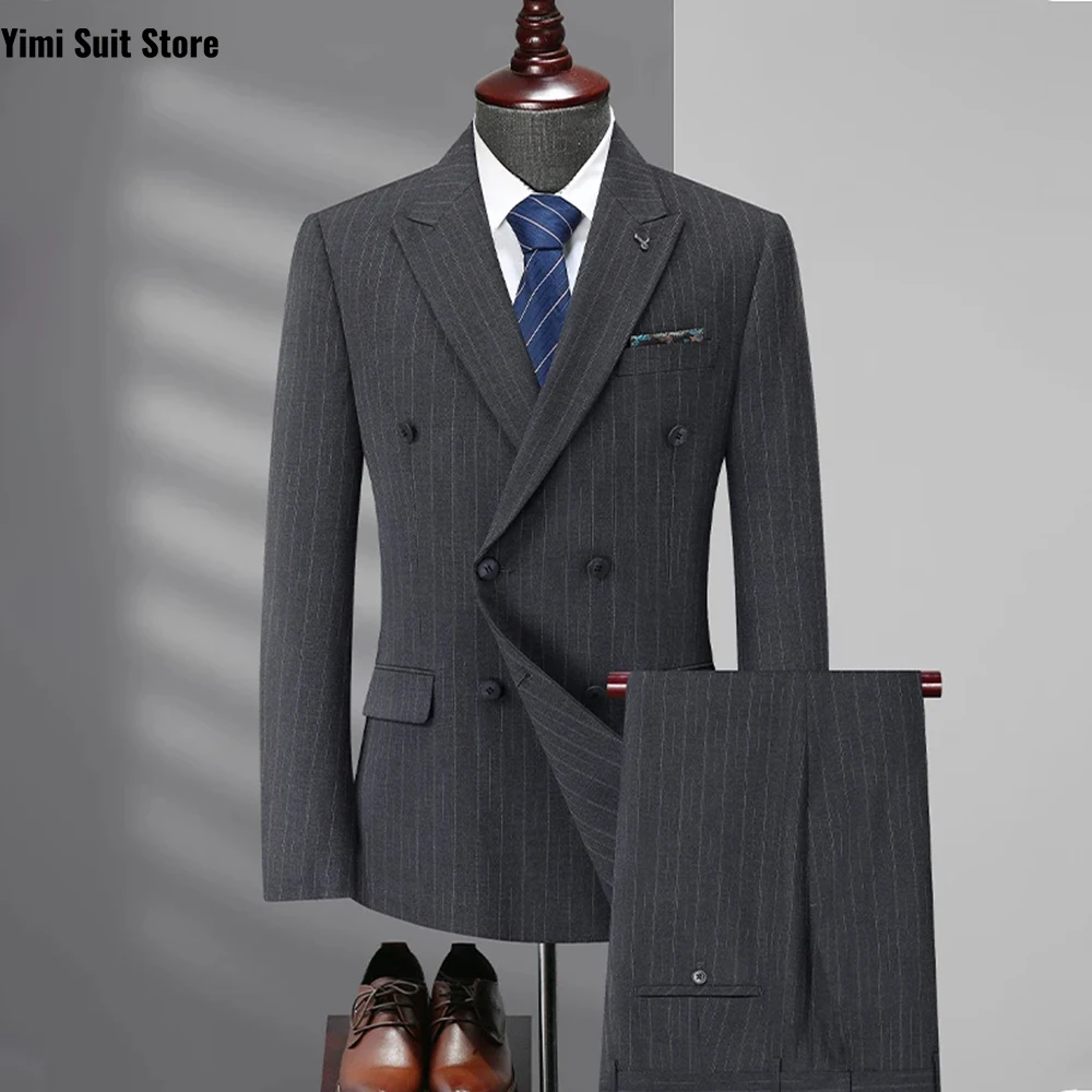 

Pinstriped Men Suits Shawl Lapel Right Side Button Jacket Pants 2 Pcs Slim Fit New Grooms best man Wedding Jacket+Pants