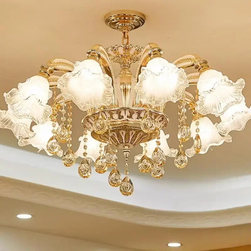 Simple Copper and Crystal Fabric Chandelier E27 Socket Hanging Light Classic Decoration for Living Room Bedroom and Study