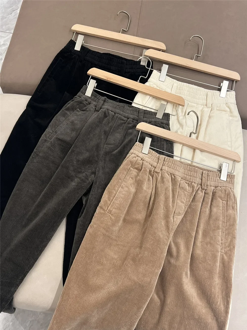 Women Corduroy Long Pants Elastic High Waist Straight Vintage Autumn Winter Tapered Trousers