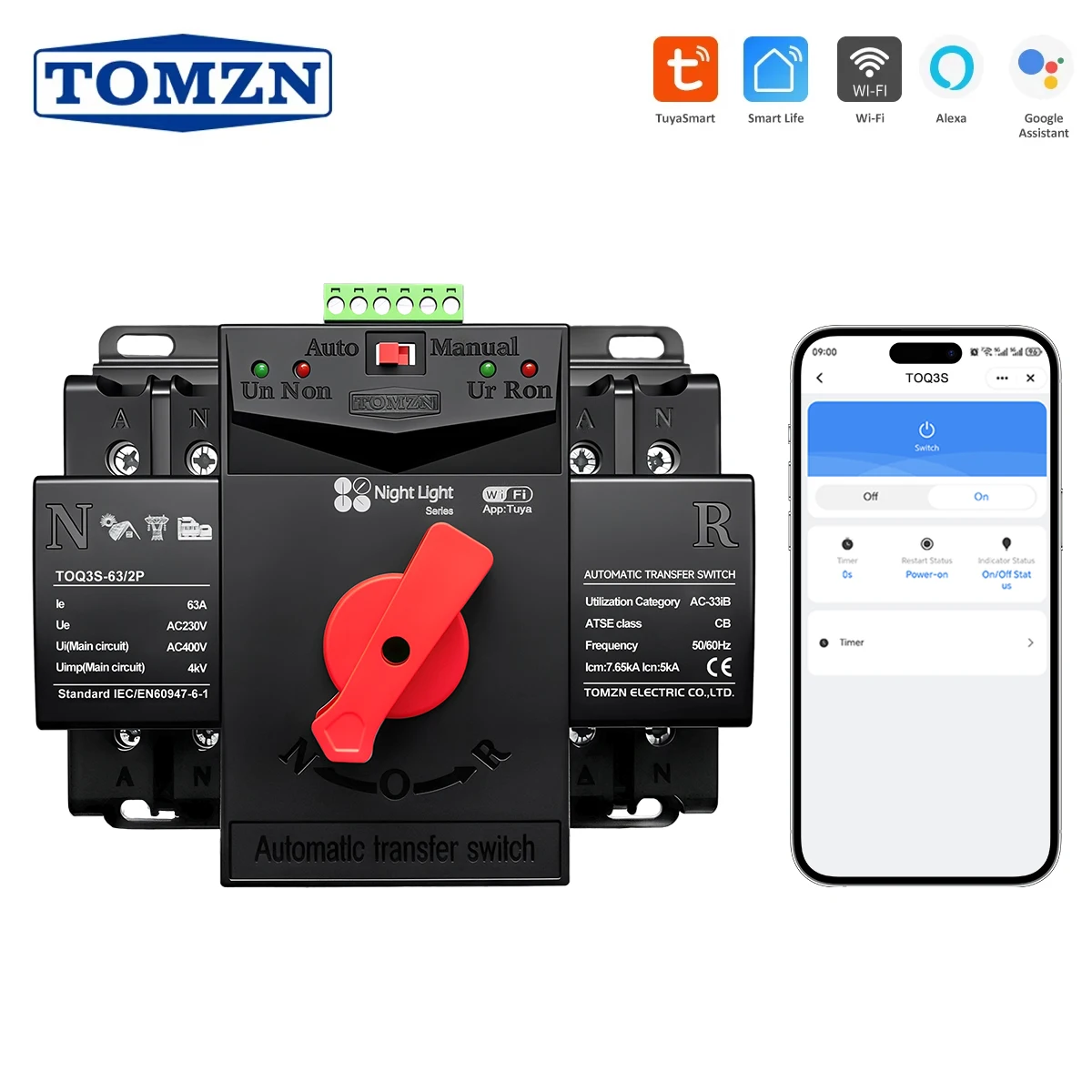 TOMZN SmartLife WiFi Smart ATS 2P 63A Dual Power Auto Transfer Switch AC 230V MCB Type Generator Changeover Switch Short Circuit