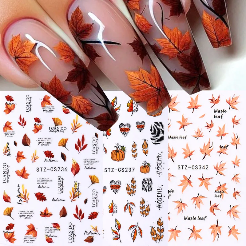 3pcs 3D Fall Leaf Stickers For Nails Maple Leaves Pumpkin Leopard Print Self-adhesive Decals Charms Autumn Nail Art Decoration