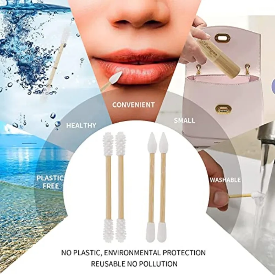Pampoo 4 pezzi Qtips riutilizzabili senza plastica con custodia in bambù Tampone di cotone riutilizzabile Qtip Zero Waste Packagengthen Bamb spesso