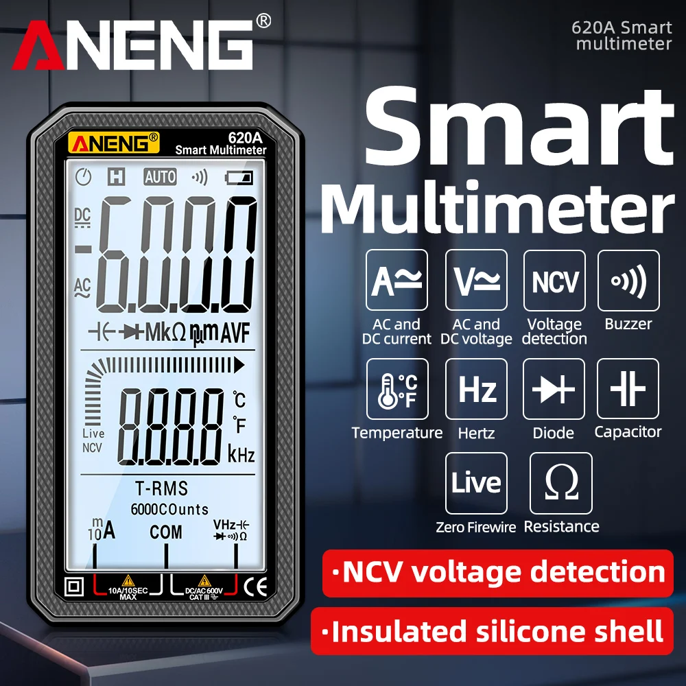 620A Digital Smart Multimeter AC/DC Voltage Meter Electrical Capacitance Meter Temp Ohm Current Tester Tools  6000 Count