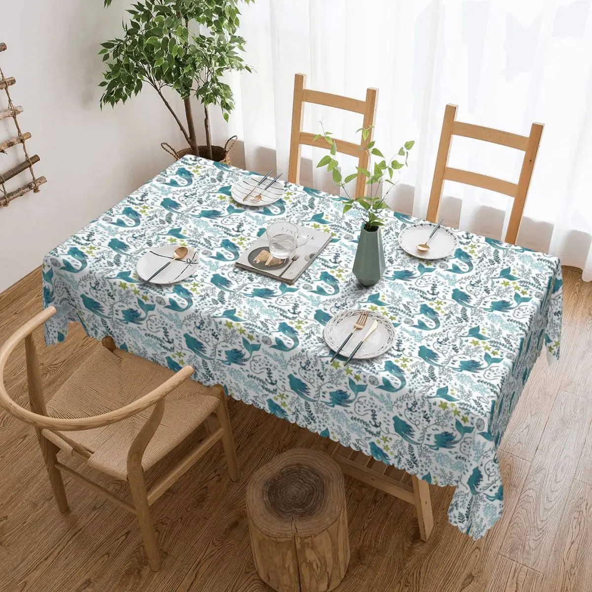 Mermaid Ocean Light Customized Rectangular Tablecloth Oilproof Table Cover for Dining Events Table Cloth