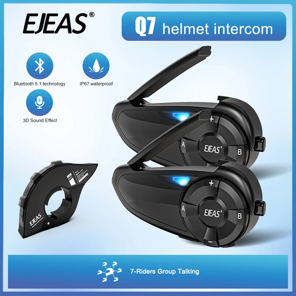 

2Pcs EJEAS Q7 Helmet Headset Motorcycle Bluetooth Intercom With EUC Up To 7 Riders Interphone FM Music Sharing IP67 Waterproof