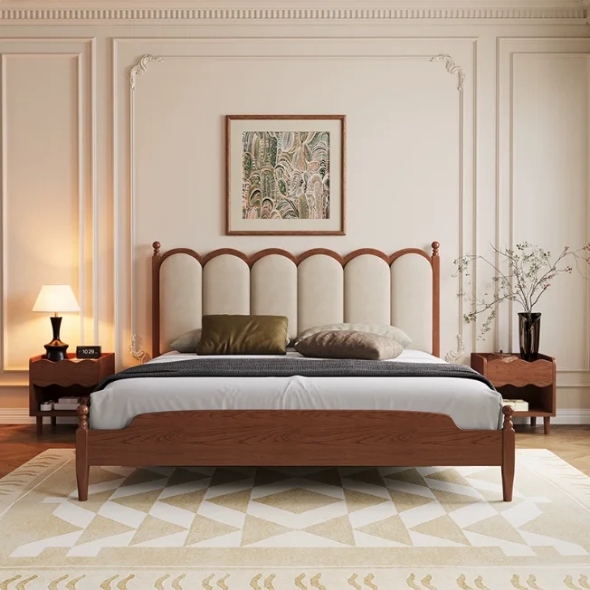 xx-Hot-selling Modern Master Bedroom Full-size Solid Wood Leather Upholstery Wave Ripple Vintage Soft Package Bed Suitable Beds*